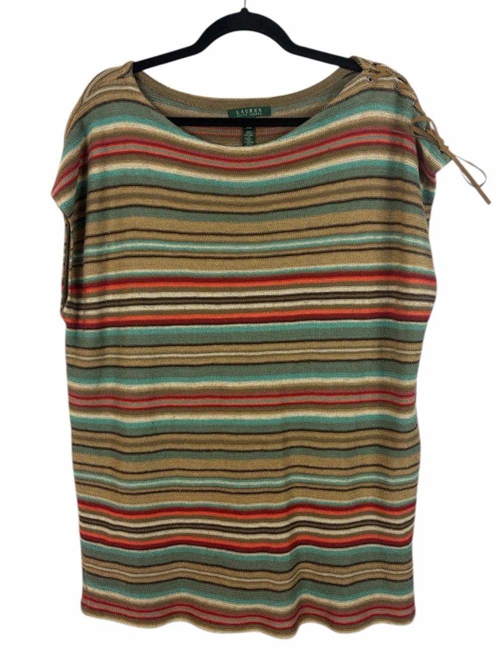 Lauren Ralph Lauren Striped Knit Top Lace-Up Shoulder Size 3X Linen Silk Blend